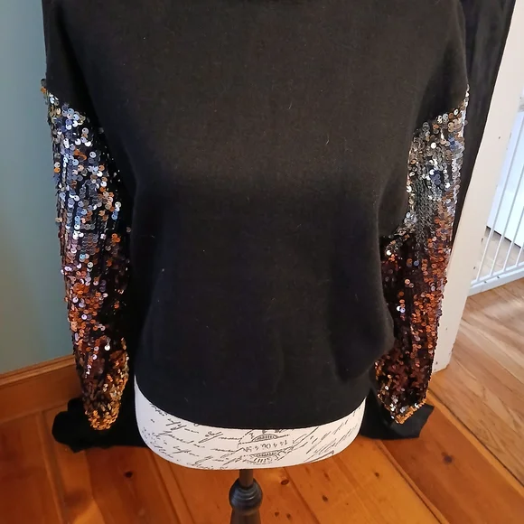 Lush Black Pullover Sweater with Silver and Copper Sequin Sleeves - Picture 1 of 3